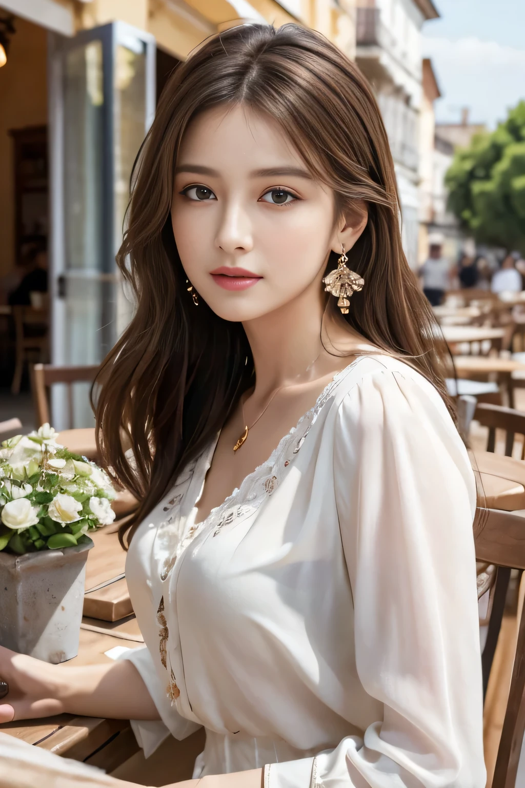 masterpiece, Highest quality, Realistic, Very detailed, Finer details, High resolution, 8k wallpaper, One beautiful woman,Wear a nice blouse, On the terrace of a lovely cafe, at noon, Light brown messy hair, Perfect dynamic composition, Beautiful and beautiful eyes、Big earrings、