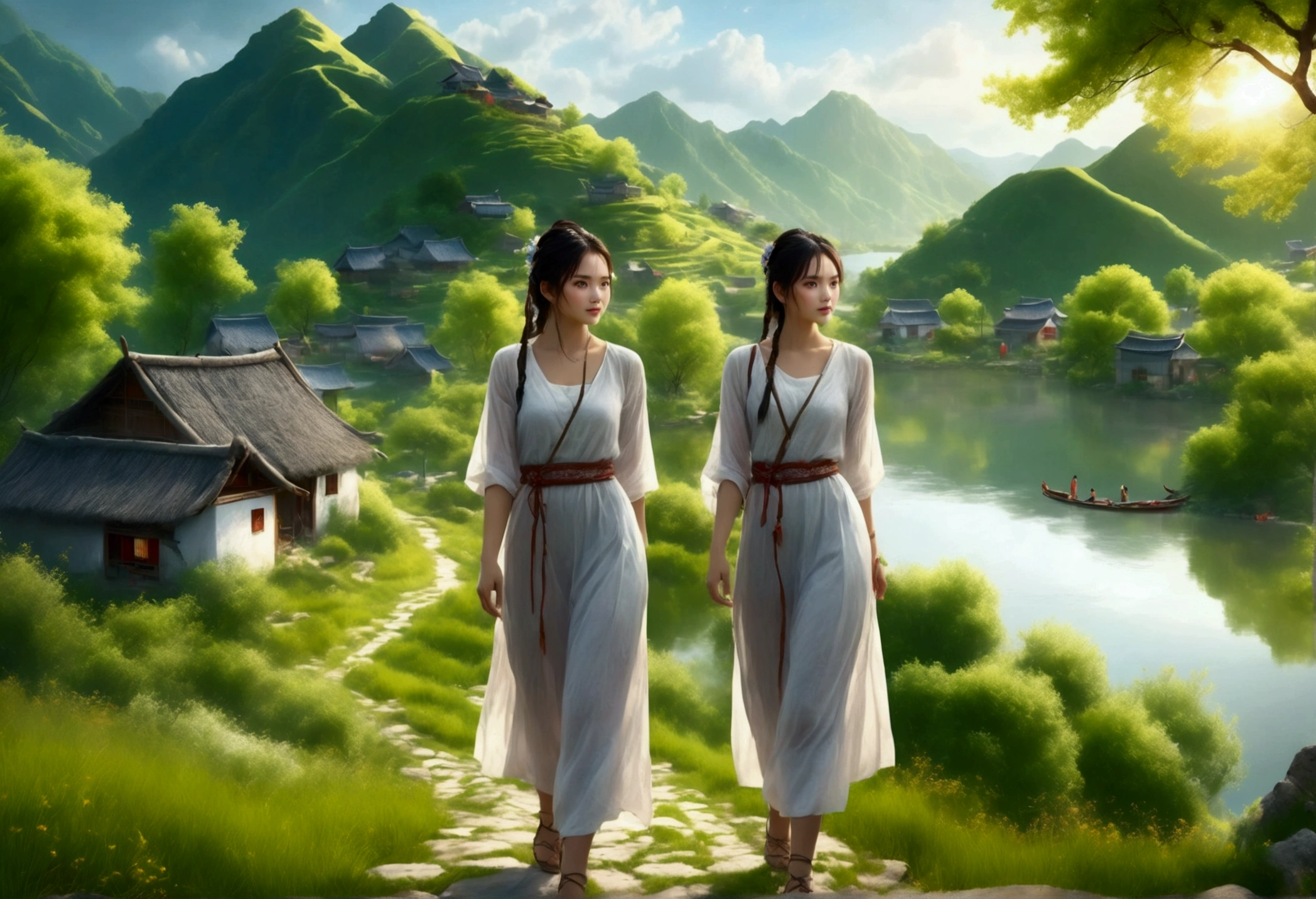 (best quality,masterpiece, intricate,ultra-detailed,realistic,RAW photo,8k uhd,ultra high res,photorealistic style,cinematic scenes, sharp focus,dramatic lighting,extremely detailed CG unity wallpaper) ,a beautiful girl, Jiangnan,a village by the lake in summer,
