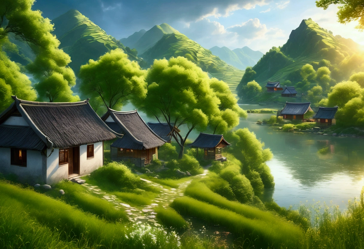 (best quality,masterpiece, intricate,ultra-detailed,realistic,RAW photo,8k uhd,ultra high res,photorealistic style,cinematic scenes, sharp focus,dramatic lighting,extremely detailed CG unity wallpaper) ,a beautiful girl, Jiangnan,a village by the lake in summer,