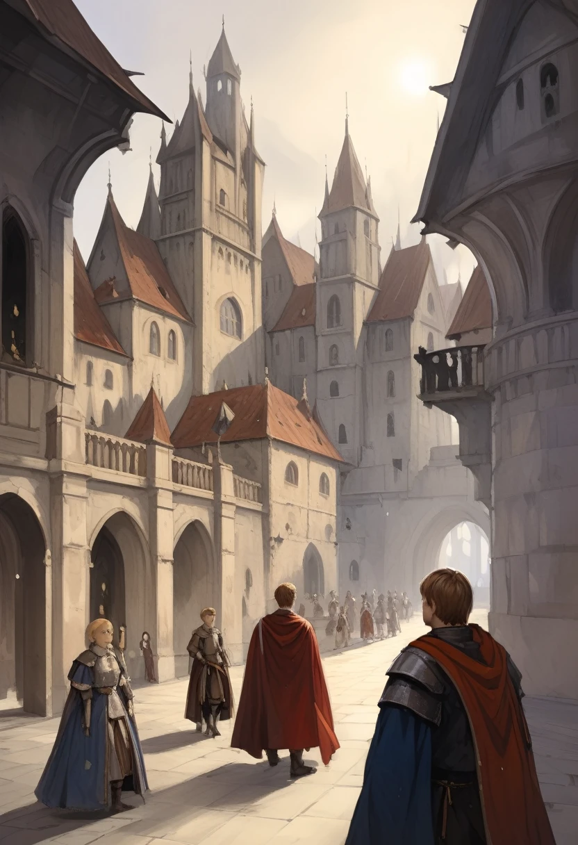 young boy, short hair with highlights, light brown hair color, yellow eyes, medieval aristocrat clothes, in front of a main castle of a medieval university, several people with staffs and dressed as wizards around the landscape, focus on the boy, view of the castle in the distance glimpsed by the young man.