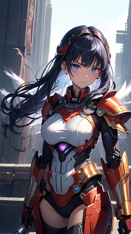 最high quality、Best image quality、masterpiece、With a girl((red and blue mechanical body armor、red mechanic arm、purple leg arms、Shining gold body line、16 years old、Ten generations、cute、Best Bust、Large bast,Beautiful light blue eyes、Spread your chest wide, silver flight unit,Black Hair Semi-Long、Slender,Big Valley、Militant Movement,glowing whip、)),high quality、Beautiful art、background((Midnight City、Pillar of Fire、Fluttering white feathers)))、depth((Black Giant Robot)),Tabletop、Depth of written boundary,Cinematic style
