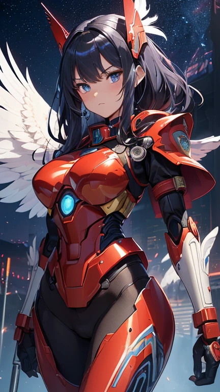 最high quality、Best image quality、masterpiece、With a girl((red and blue mechanical body armor、red mechanic arm、purple leg arms、Shining gold body line、16 years old、Ten generations、cute、Best Bust、Large bast,Beautiful light blue eyes、Spread your chest wide, silver flight unit,Black Hair Semi-Long、Slender,Big Valley、Militant Movement,glowing whip、)),high quality、Beautiful art、background((Midnight City、Pillar of Fire、Fluttering white feathers)))、depth((Black Giant Robot)),Tabletop、Depth of written boundary,Cinematic style