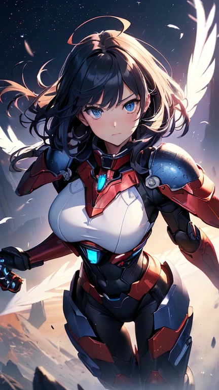 最high quality、Best image quality、masterpiece、With a girl((red and blue mechanical body armor、red mechanic arm、purple leg arms、Shining gold body line、16 years old、Ten generations、cute、Best Bust、Large bast,Beautiful light blue eyes、Spread your chest wide, silver flight unit,Black Hair Semi-Long、Slender,Big Valley、Militant Movement,glowing whip、)),high quality、Beautiful art、background((Midnight City、Pillar of Fire、Fluttering white feathers)))、depth((Black Giant Robot)),Tabletop、Depth of written boundary,Cinematic style