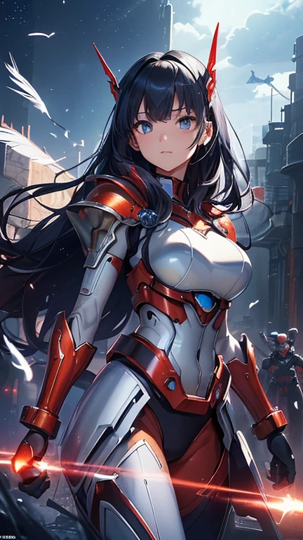 最high quality、Best image quality、masterpiece、With a girl((red and blue mechanical body armor、red mechanic arm、purple leg arms、Shining gold body line、、Ten generati、cute、Best Bust、Large bast,Beautiful light blue eyes、Spread your chest wide, silver flight unit,Black Hair Semi-Long、Slender,Big Valley、Militant Movement,glowing whip、)),high quality、Beautiful art、background((Midnight City、Pillar of Fire、Fluttering white feathers)))、depth((Black Giant Robot)),Tabletop、Depth of written boundary,Cinematic style