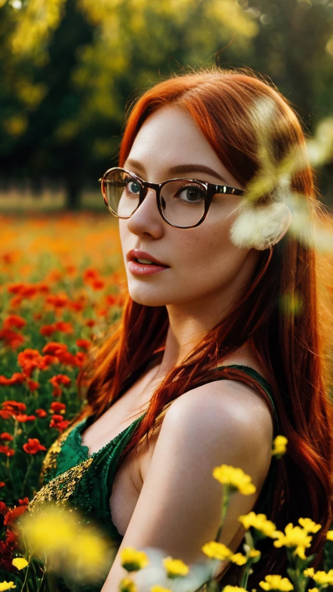 beautiful girl erotic. Red hair, emerald headphones, Glasses, freckles,bright sparkling eyes,photorealism, long eyelashes,full lips,naked big breasts.golden glow of skin,pearl skin, lies in a meadow of flowers, ultra-detailed