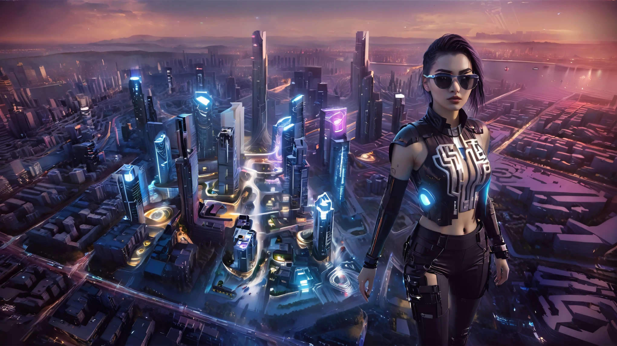 masterpiece, best quality, high resolution, 8k, (Portrait Photos:1.5), (R Original Photo), real picture, (A fusion of cyberpunk and fantasy), 20 year old slim girl, solo, (black sunglasses), large-breasts:1.2, cleavage:1.2, cyberpunk fantasy style clothing, Hollow carving design, ((pistol shooting pose)), oc render reflection texture, sentry, (aerial view of Cyberpunk style future city, giant (((maze))) shaped street), night, streets, half-body thigh level medium shot.