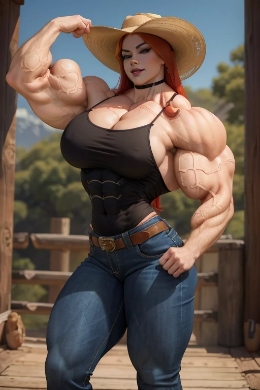 ((Close-up)), tall, (red hair) beautiful muscular asian cowgirl, long hair, pale white skinned, closed smile, (black lipstick), (massive muscles), (hyper muscle), ((ginormous bulky muscles)), yellow eyes, (cowboy hat), ((red cowgirl shirt)), (denim pants), choker, boots, in the wild Wild West,