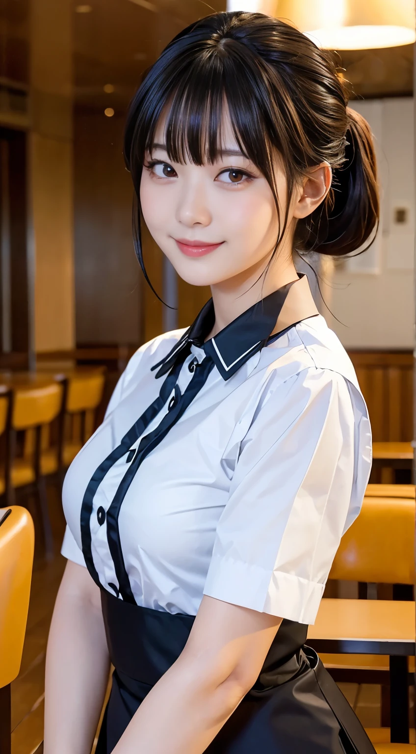 (Highest quality,masterpiece:1.3,Ultra-high resolution,),(Very detailed,Caustics),(Realistic:1.4,RAW shooting,)Ultra-Realistic Capture,Very detailed,High resolution 16K human skin closeup。 Natural skin texture、,pores、、、、It must be detailed enough to be easily identifiable。 Skin tone is even and healthy looking。 Use natural light and colour,restaurant,Waitress Uniform,1 girl,Japanese,18-year-old,cute,Black-haired,ponytail,,smile,Turn your body forward,(Front view:1.1),Looking into the camera,Cowboy Shot,