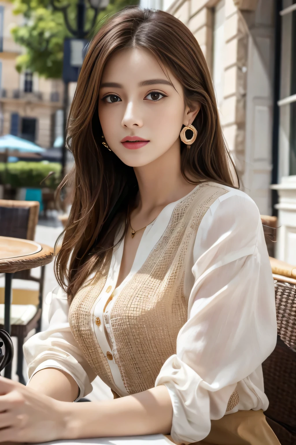 masterpiece, Highest quality, Realistic, Very detailed, Finer details, High resolution, 8k wallpaper, One beautiful woman,Wear a nice blouse, On the terrace of a lovely cafe, at noon, Light brown messy hair, Perfect dynamic composition, Beautiful and beautiful eyes、Big earrings、