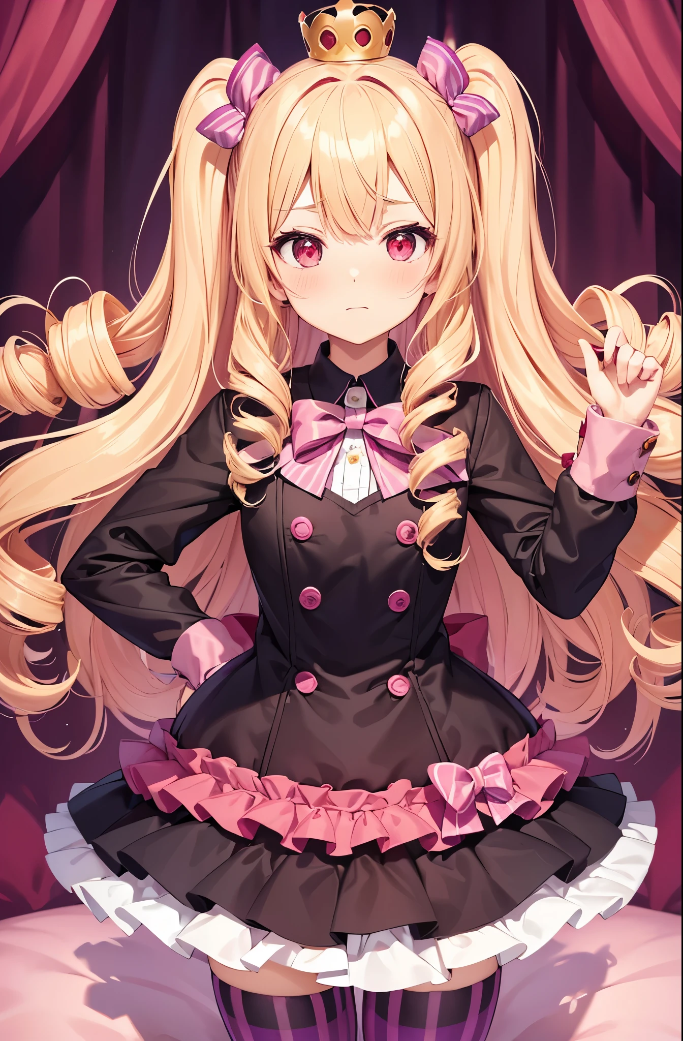Red eyes, idol-like anime character, cute expression, strong eyes, slightly embarrassed expression, high quality image, solid dark red fur jacket, fluffy solid dark red one-piece skirt with open front, large bow on skirt, dark pink and purple striped horizontal striped stockings, dark pink and purple horizontal striped tights, one very small round crown hair ornament, blonde twin drills , voluminous blonde twin drills, dark pink and purple striped horizontal striped stocking tights, very small round crown hair ornament. Dark pink and purple horizontal striped tights, one very small round crown hair ornament, blonde twin drill, unique blonde twin drill with volume, very curly hair, big pink bows on both sides, forehead bangs, big pink bows on dress skirt, forehead bangs, big on dress skirt Pink bows, big pink bows on dress skirt, bangs, big pink bows on dress skirt, big pink bows on dress skirt, big pink bows on skirt Focus on face Red eyes Full body shot on sofa in room No shadow High quality Walking Full face