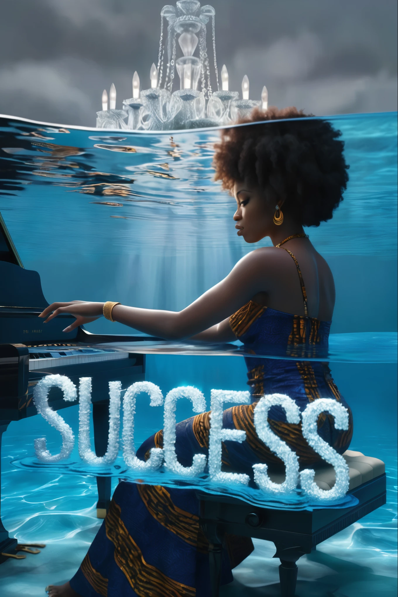 Close up shot of a Black woman dressed in african designed clothes playing a piano under the ocean, the water ripples creating a text "SUCCESS" infront of her. "SUCCESS" the text in texture of water ripples. Light in the crystal palace creating a grey and blue cinematic grading, 32k high definition and high resolution images, unreal engine 5 rendered. Hyper-realistic images with high detailed features providing a viewer with a clear high definition well created masterpiece of art..