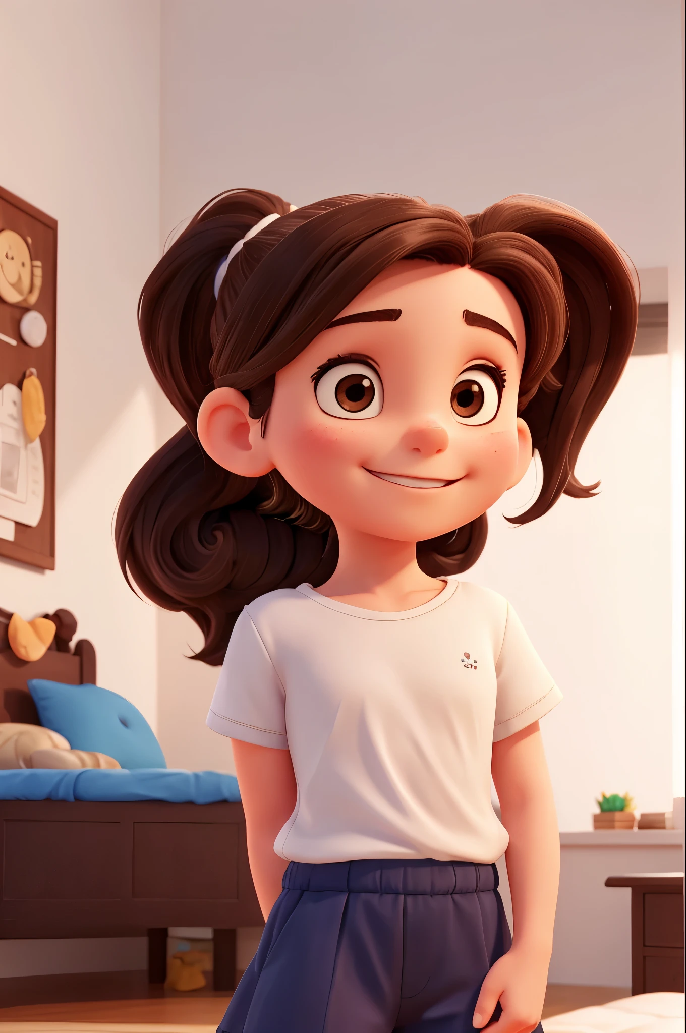 Artwork, best quality white background a girl with wavy dark brown hair tied in a ponytail smiling wearing a plain navy blue t-shirt waking up to go to school 