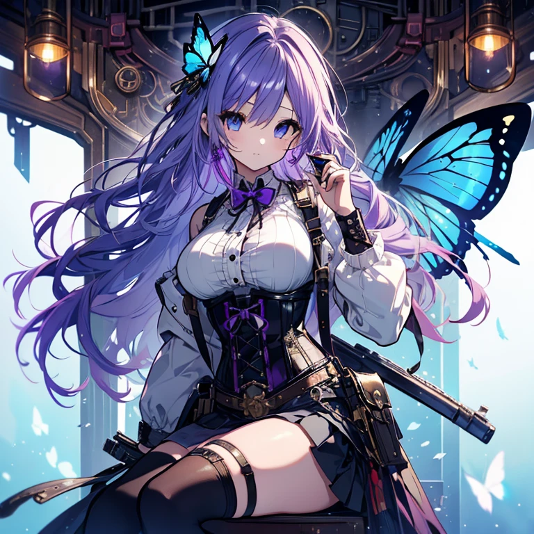 1 girl、、Ample breastHair、hair、Center Part、Purple Hair、Light blue eyes、steampunk outfit、sit、Miniskirt、窓辺にsit、Holding a gun、corset、Blue Butterfly、duseampunk city、High resolution、Highest quality