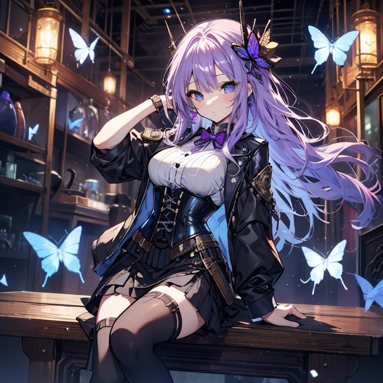 1 girl、Mature、Ample breasts、Long Hair、hair、Center Part、Purple Hair、Light blue eyes、steampunk outfit、sit、Miniskirt、窓辺にsit、Holding a gun、corset、Blue Butterfly、dusk、Steampunk city、High resolution、Highest quality