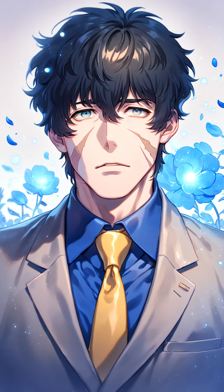 absurdres, highres, ultra detailed, HDR, master piece, Steven A. Starphase, black hair, expressive gray eyes, gray jacket, blue shirt, yellow necktie, scar on his right cheek, Kekkai Sensen, man, handsome, best quality, blue moon, flowers, fantasy, magical, solo, water, blue shining fireflies, blue petals, sensual