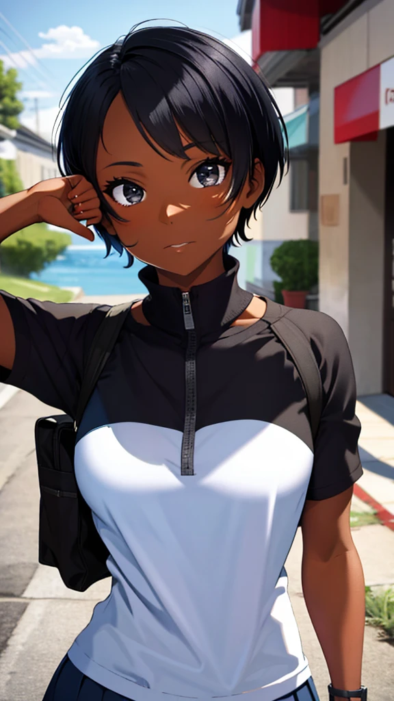  (masterpiece, best quality, ultra detailed, 4fingers and 1thumbs, black eyes:1.4), BREAK 1lady, athletic female, abs body, (Black Hair, Pixie Cut, chest, gigantic chest, Sunburn, Sunburnlines, Dark Skin:1.3), (ultra detailed face, expression of fine eyes, shiny hair, shiny skin, oily skin, super detailed skin), (from front, looking at viewer), (from above:1.3),