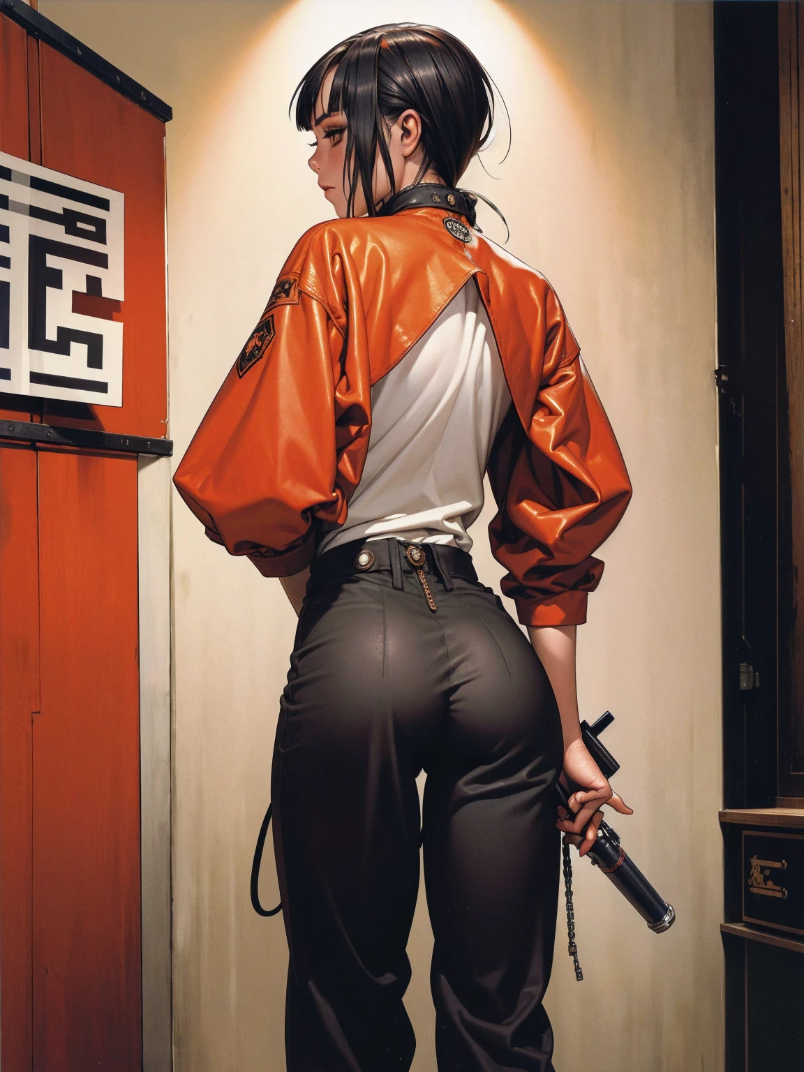 (best qualityer))), (((manga strokes))), (((back view))), (((perfect ass))), (((black bob hair with straight bangs and red highlights))), (((wide pants with 2 side stripes))), uma Kizi jovem muito bem vestida com roupas modernas de inverno, top gift vertical stripes, short jacket with dark fur collar, beautiful and expressive face, slightly-smile, big eyes with long black eyelashes, heavy make-up, chains and zippers spread across clothes, contrasting colours, pose de atitude, hair with a modern and futuristic cut, urban game poster art, dramatic camera angles, graffiti art elements in the background, design mixing contemporary and retro by Shepard Fairey, (((cowboy shot))), (((best qualityer: 1.4))), (Unbeatable masterpiece), (hiper HD),(CG 8k hyper-realistic), Kizi, (((standing alone))), pirralha violent, ((())), sexly, pose de atitude, work of art, post-apocalypse, (((manga style))), bounty hunter, violent, Manic, the way you want, slenderbody, thin but strong, perfectbody, roupa moderna, advanced technology, neon, sleeves with vertical striped pattern, neutral background, (( cowboy shot )). intricate visual