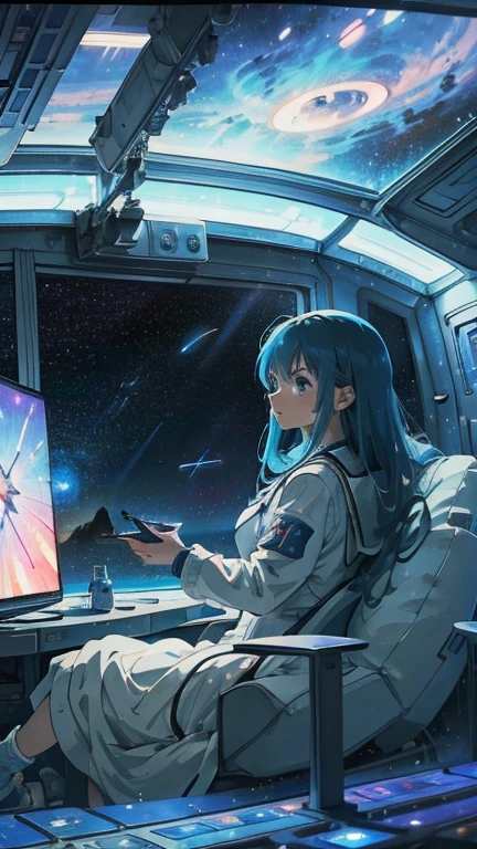 a woman watching TV On the space station, Anime Style, girl in space, On the space station, Anime Style, Sitting in a spaceship, Astronauts relaxing in space, Anime Style, The earth is outside the window, Inside futuristic space battles on TV, Anime Style, Background spaceship, Spaceships fighting in the background