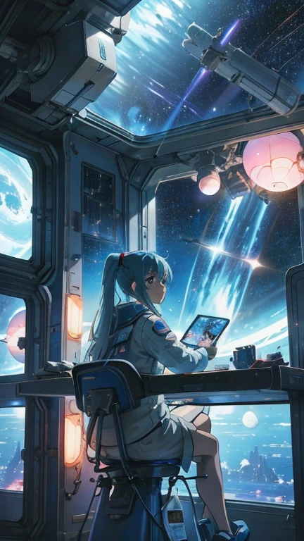 a woman watching TV On the space station, Anime Style, girl in space, On the space station, Anime Style, Sitting in a spaceship, Astronauts relaxing in space, Anime Style, The earth is outside the window, Inside futuristic space battles on TV, Anime Style, Background spaceship, Spaceships fighting in the background