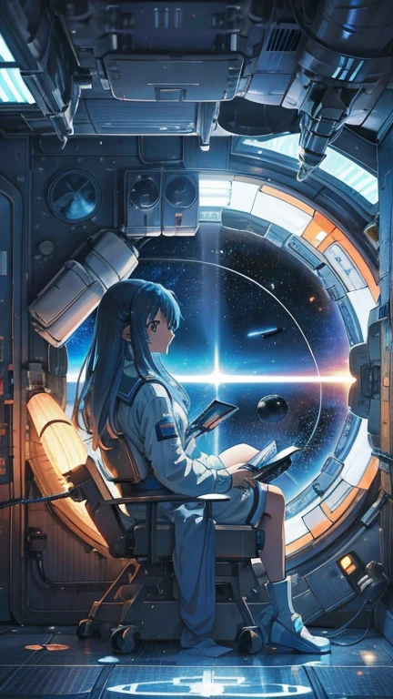 a woman watching TV On the space station, Anime Style, girl in space, On the space station, Anime Style, Sitting in a spaceship, Astronauts relaxing in space, Anime Style, The earth is outside the window, Inside futuristic space battles on TV, Anime Style, Background spaceship, Spaceships fighting in the background