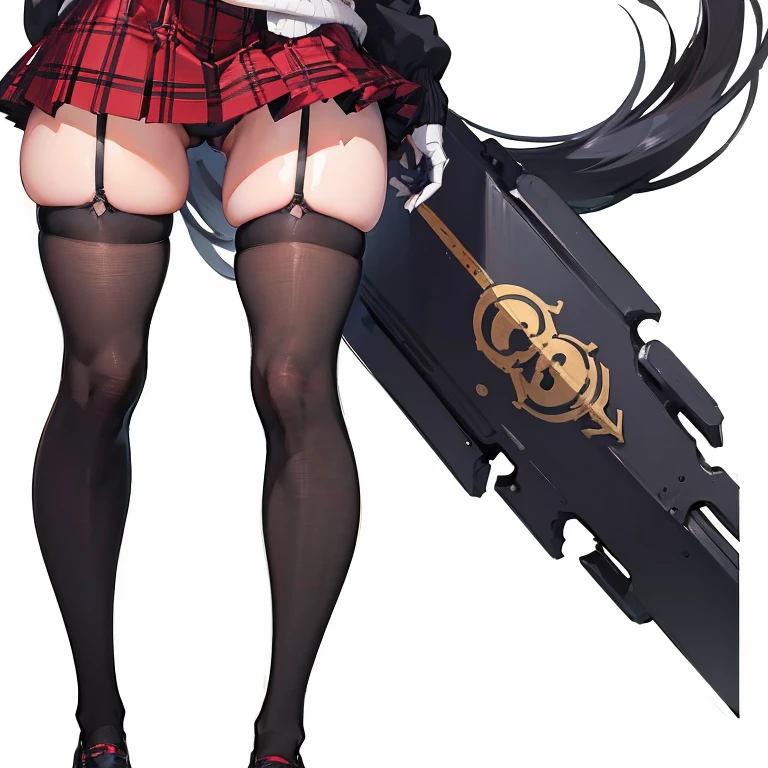 Anime Kawaii sexy Perfect Slim sensual body large breast and huge thighs, An intricate and highly detailed illustration of anime (Young girl red plaid miniskirt , shoes black , pleatedskirt , assassin , all-body , White sweater , black gloves , Stockings , GARTER BELT , Bblack hair , eyes black , slickedback hair , thicc thighs , all-body , standing posture , Face , close up