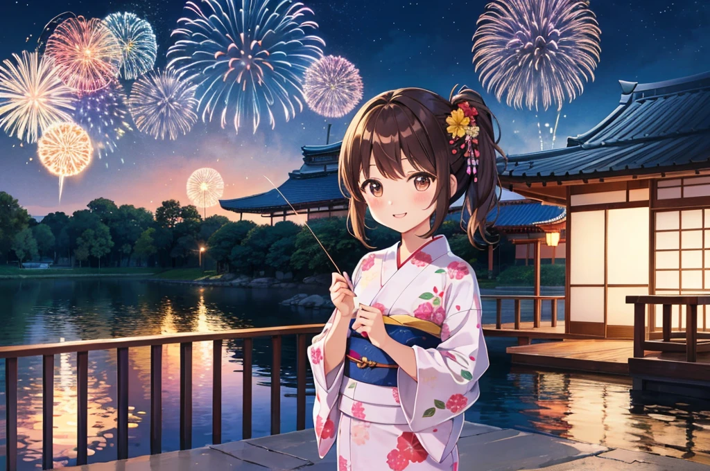 Fireworks Background、outside of home、night、high school girl、cute、、Landscape、standing、Laughter、Beautiful girl、Brown Hair、Bonytail、Japanese、summer、Floral Yukata、masterpiece、Highest quality、 Ultra-high resolution、Very detailed、Light、
