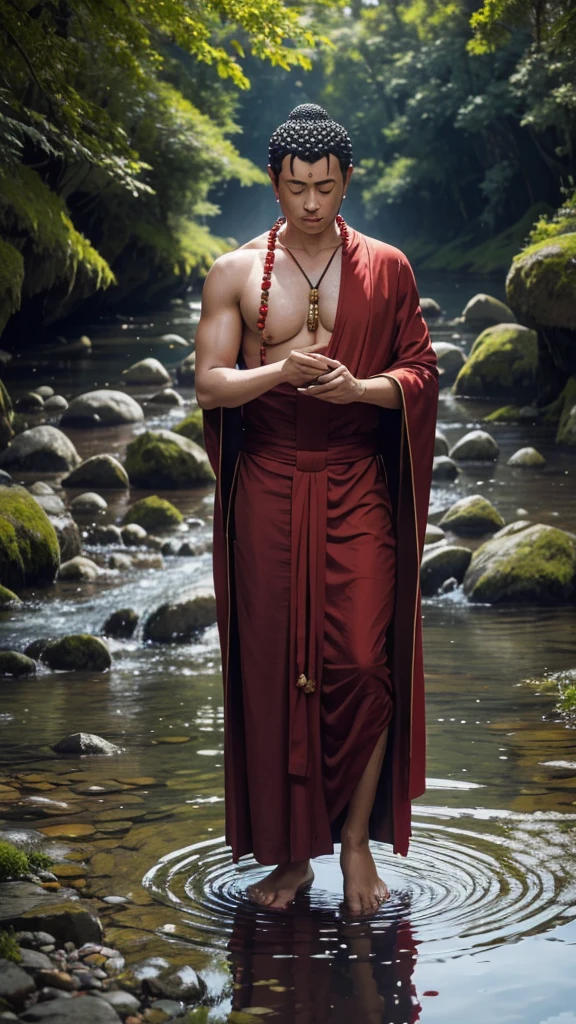 Take the image of a traditional Buddha statue as a man，He bent down by the river，Look at your own reflection in the river，Touch the water with your right hand，His clear face is reflected in the water，The contours of the face are clear，Eyes look at their own reflection，The eye contour is clear，Slightly melancholy，A string of Buddha beads wrapped around his left hand，He wore a red cassock that exposed his left shoulder，A string of wooden Buddha beads hangs from his chest，Barefoot，Part of his robe was soaked in water，The surrounding area is sunny，The river is sparkling，The picture is  and quiet，The whole gives a sense of mystery。
