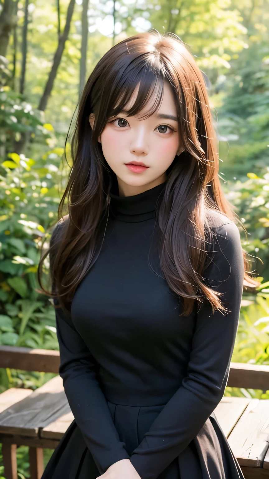 Highest quality、masterpiece、Ultra-high resolution、8k、Portrait、Film Grain、One Girl、Very delicate and beautiful girl、Cute Face、Very detailed、Brown Hair、Sidetail hairstyle、Gray eyes、No makeup、Small breasts、Smaller breasts、Shy:0.1、Black costume、BREAK、Outdoor、in the forest、Blurred Background、Blurred background、The background is blurred、Perfect lighting、80mmShooting with a lens、