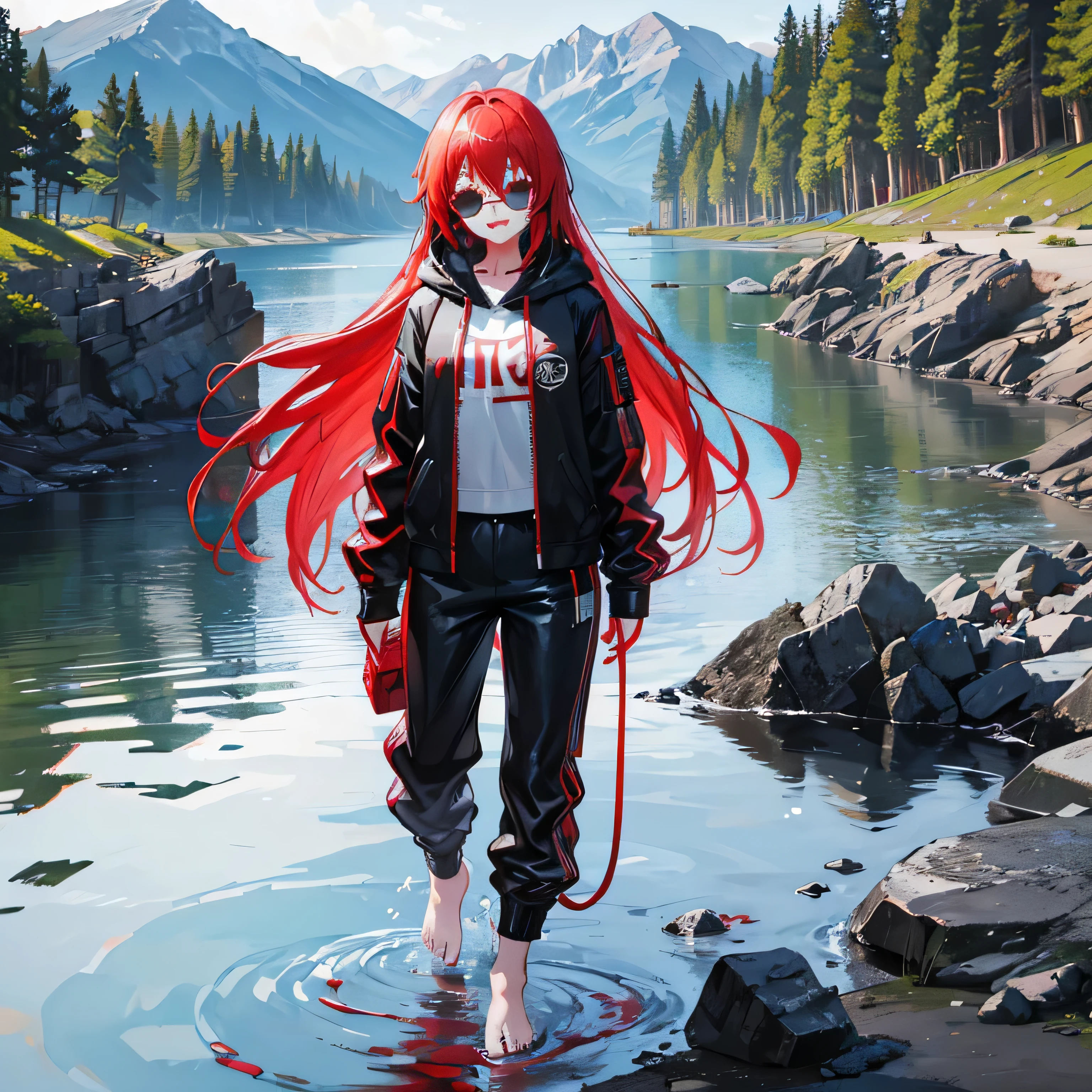 Cute psycho  girl, red hair, long hair, red eyes, headphones, wearing sunglassess, smile, excited, happy, black leather hooded jacket, black long track pants, stained with blood, barefoot, visible feet, soaked clothes, outdoors, mountain, sunny, standing with feet in river water