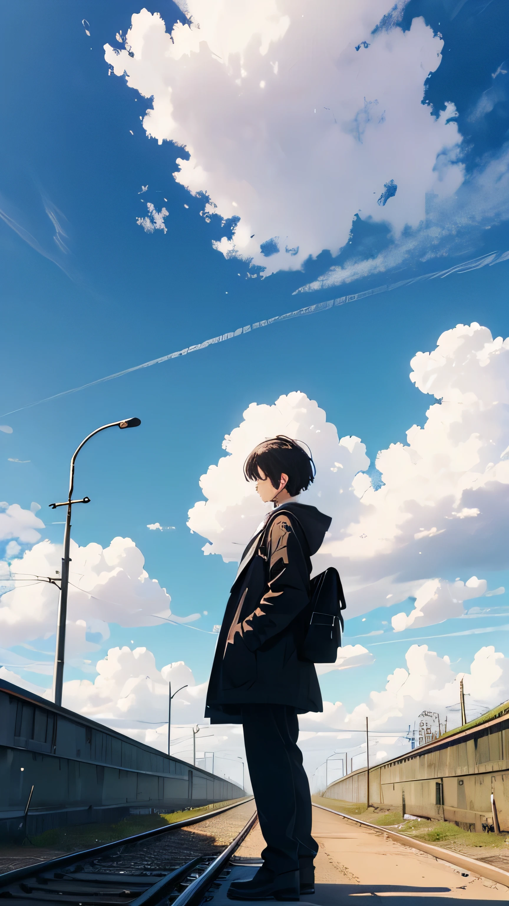 Create an image of a person standing at a railway crossing with large, fluffy clouds in the sky and a clear blue backdrop. The person is facing away from the viewer, creating a sense of contemplation or waiting. The railway crossing should have signals and barriers, adding to the scene's depth and narrative.