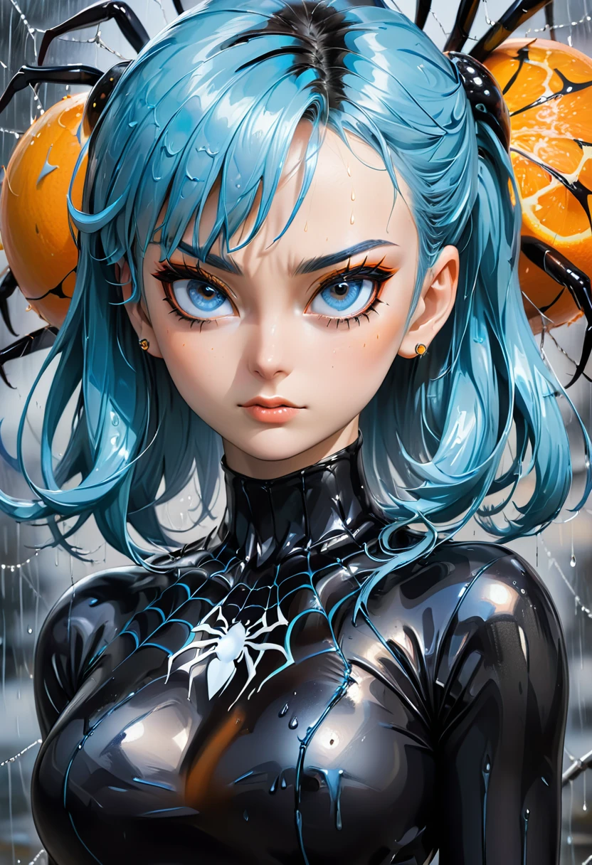 atmosphere oily rainy style animation 2.5D manga niji6 strong strokes art oil paint super details in art Bulma + spider girl in tight tight black orange t-shirt with blue eyes in style reality photo realism maximum quality details super perfection state-of-the-art graphics