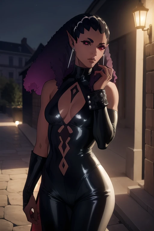 castlevaniadrolta, castlevaniadrolta, black hair, (red eyes:1.5), pointy ears, dark skin, dark-skinned female, colored sclera, black sclera, purple hair, gradient hair, two-tone hair,
BREAK cleavage, jewelry, earrings, off shoulder, leotard, black leotard, pants, black pants,
BREAK looking at viewer, upper body, full body,
BREAK outdoors, night, sky,
BREAK (masterpiece:1.2), best quality, high resolution, unity 8k wallpaper, (illustration:0.8), (beautiful detailed eyes:1.6), extremely detailed face, perfect lighting, extremely detailed CG, (perfect hands, perfect anatomy),