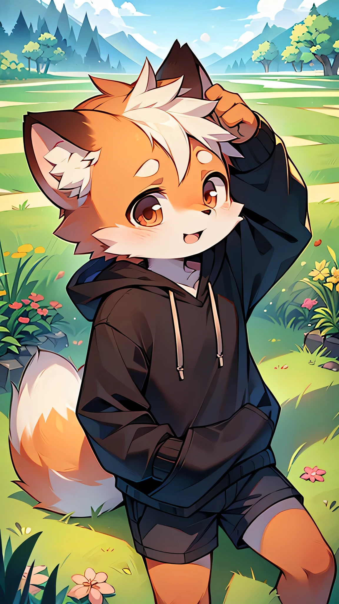 Red Panda Boy,Features of hoodie clothes,super high quality,Very detailed,High resolution,Cute art style in anime,Rice field scenery,(Cheerful ager,13 y),alone,single,Boy with a beautiful face