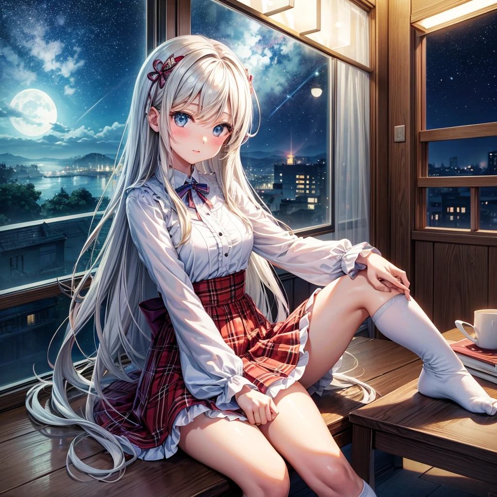 Cute detailed anime girl sitting on her table chair in frount of her room window in night time 