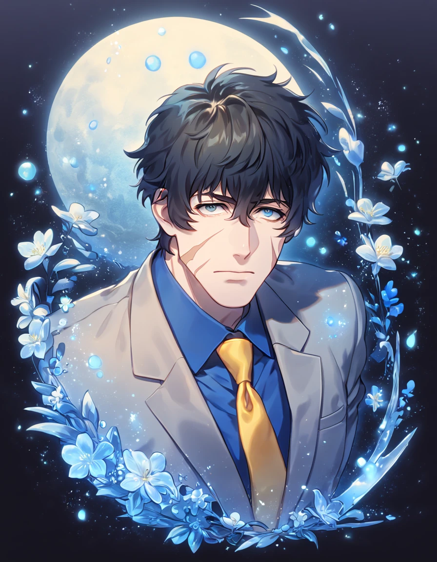 absurdres, highres, ultra detailed, HDR, master piece, Steven A. Starphase, black hair, expressive gray eyes, gray jacket, blue shirt, yellow necktie, scar on his right cheek, Kekkai Sensen, man, handsome, best quality, blue moon, flowers, fantasy, magical, solo, water, blue shining fireflies, blue petals, sensual, ice