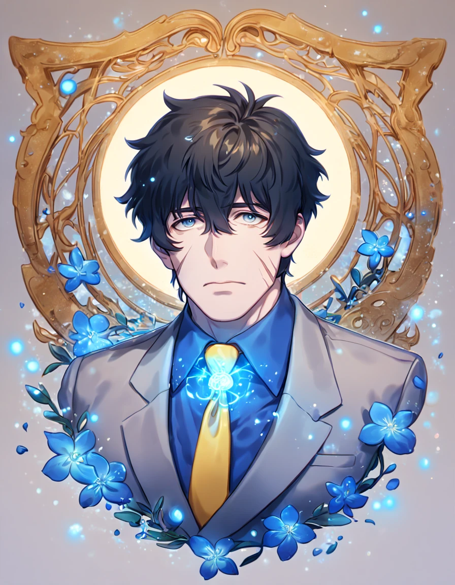 absurdres, highres, ultra detailed, HDR, master piece, Steven A. Starphase, black hair, expressive gray eyes, gray jacket, blue shirt, yellow necktie, scar on his right cheek, Kekkai Sensen, man, handsome, best quality, blue moon, flowers, fantasy, magical, solo, water, blue shining fireflies, blue petals, sensual, ice