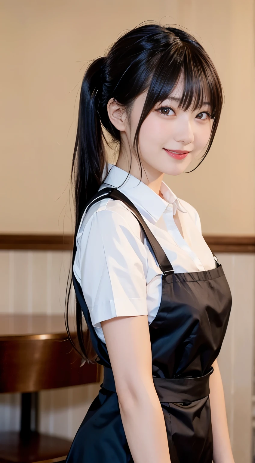 (Highest quality,masterpiece:1.3,Ultra-high resolution,),(Very detailed,Caustics),(Realistic:1.4,RAW shooting,)Ultra-Realistic Capture,Very detailed,High resolution 16K human skin closeup。 Natural skin texture、,pores、、、、It must be detailed enough to be easily identifiable。 Skin tone is even and healthy looking。 Use natural light and colour,restaurant,Waitress Uniform,1 girl,Japanese,18-year-old,cute,Black-haired,ponytail,Big Breasts,smile,Turn your body forward,(Front view:1.1),Looking into the camera,Cowboy Shot,