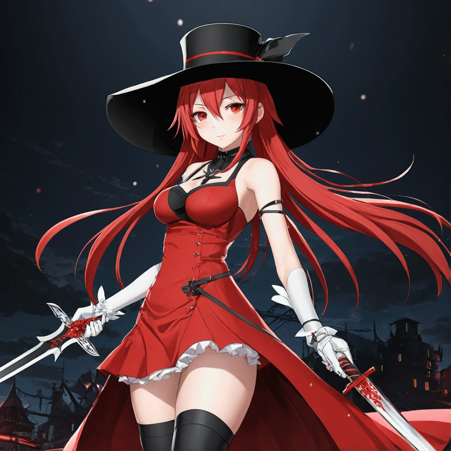 anime, anime girl, red hair, black hat, sword, red dress, red hair, black hat, red dress, red dress, red hair, red, anime art wallpaper 8 k, from arknights, anime art wallpaper 4k, anime art wallpaper 4 k, best anime 4k konachan wallpaper, gothic maiden anime girl, rias gremory, very dedetailed, fuul body, fuul accessories, cool pose, shining, particles red and white, yellow flash, Ia ada dalam sebuah taman yang penuh dengan bunga mawar dan kepingan bunga mawar yang berjatuhan