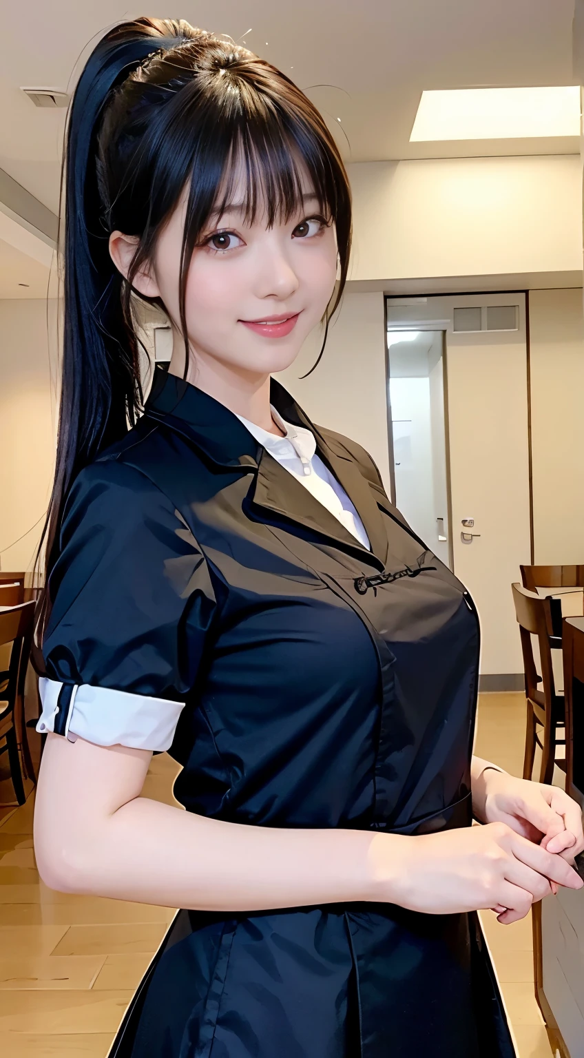 (Highest quality,masterpiece:1.3,Ultra-high resolution,),(Very detailed,Caustics),(Realistic:1.4,RAW shooting,)Ultra-Realistic Capture,Very detailed,High resolution 16K human skin closeup。 Natural skin texture、,pores、、、、It must be detailed enough to be easily identifiable。 Skin tone is even and healthy looking。 Use natural light and colour,restaurant,Waitress Uniform,1 girl,Japanese,18-year-old,cute,Black-haired,ponytail,Big Breasts,smile,Turn your body forward,(Front view:1.1),Looking into the camera,Cowboy Shot,