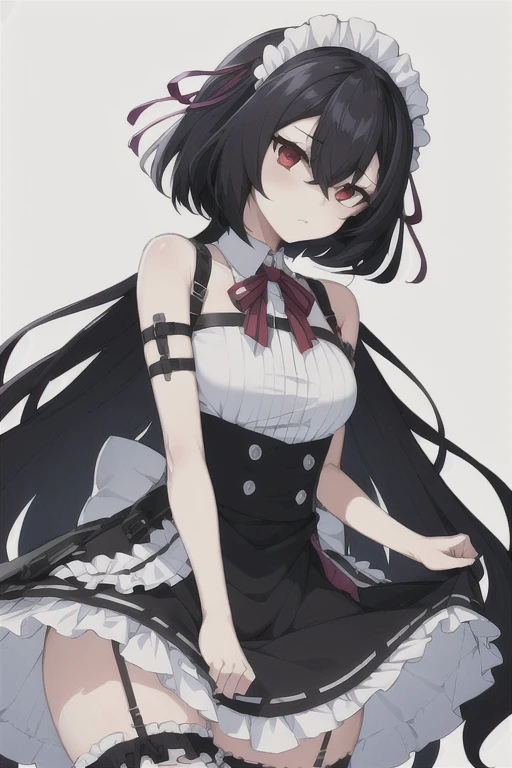 1 girl, bare shoulders , black hair, hair between eyes, long hair, Red eyes, Lily,
maid, maid headdress, thigh high,
