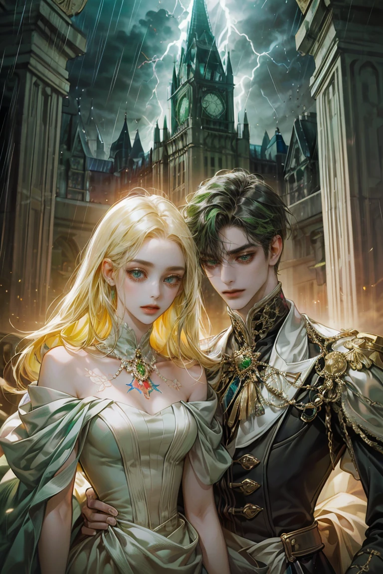 8k, complex, elegant, Very detailed, majestic, digital photography, surreal painting, defeat magic, Winding lightning, (masterpiece, side light, fine and beautiful eyes: 1.2), HdR, (bright green eyes)), victorian dress, (bright tattoo), Chica elegant, cana, musculature, White skin, demon horn, Raining, elegant, in front of the camera, masterpiece