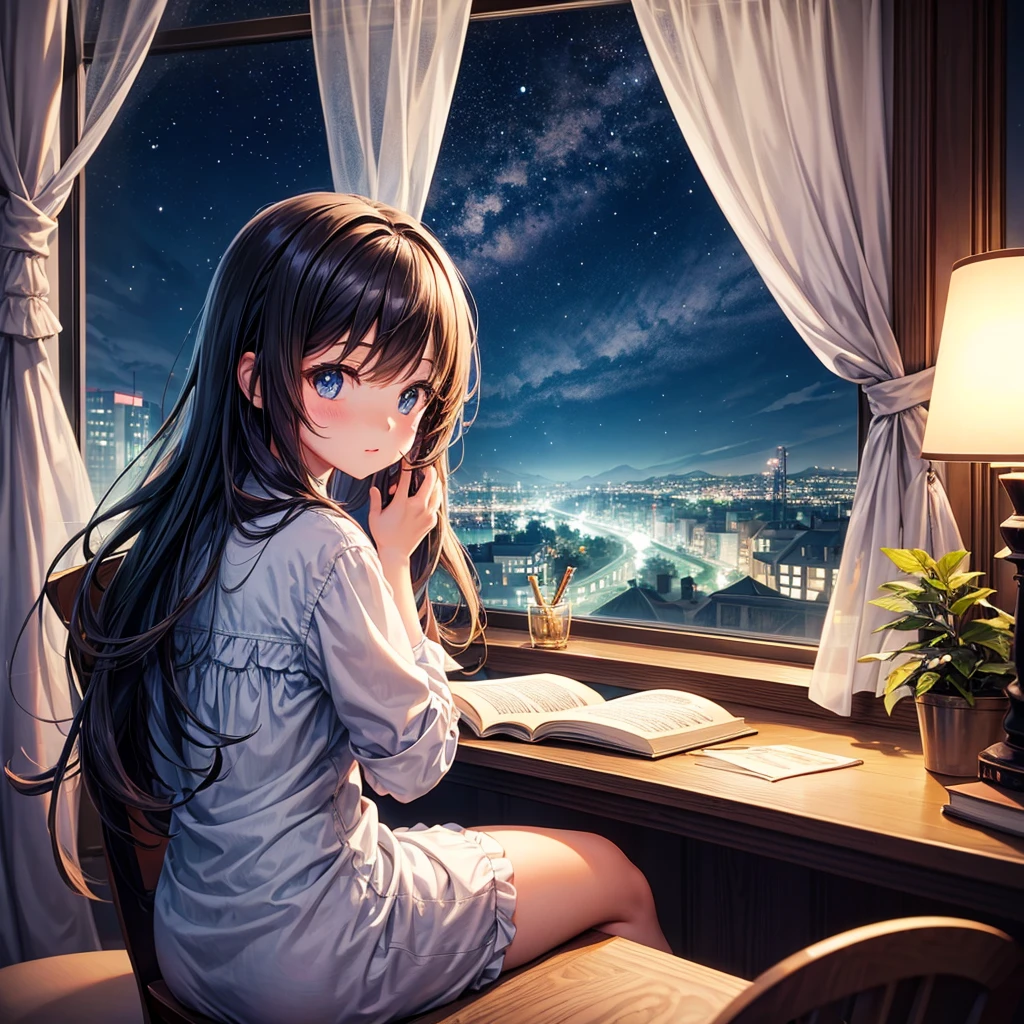 Cute detailed anime girl sitting on her table chair in frount of her room window in night time writing on her book 