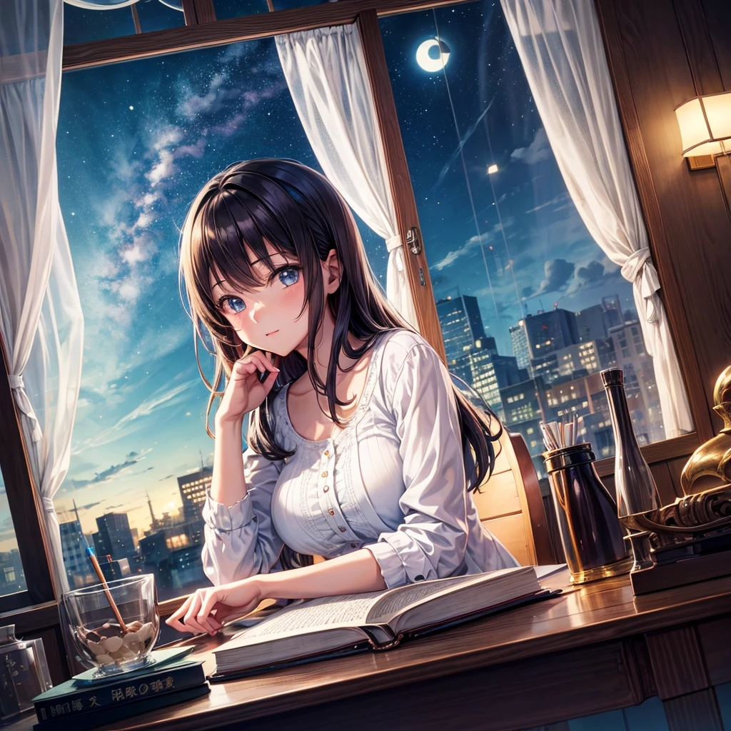 Cute detailed anime girl sitting on her table chair in frount of her room window in night time writing on her book
