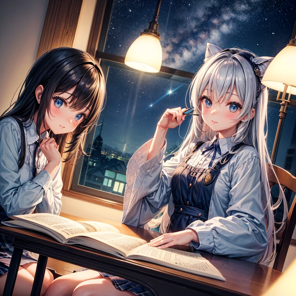 Cute detailed anime girl sitting on her table chair in frount of her room window in night time writing on her book 