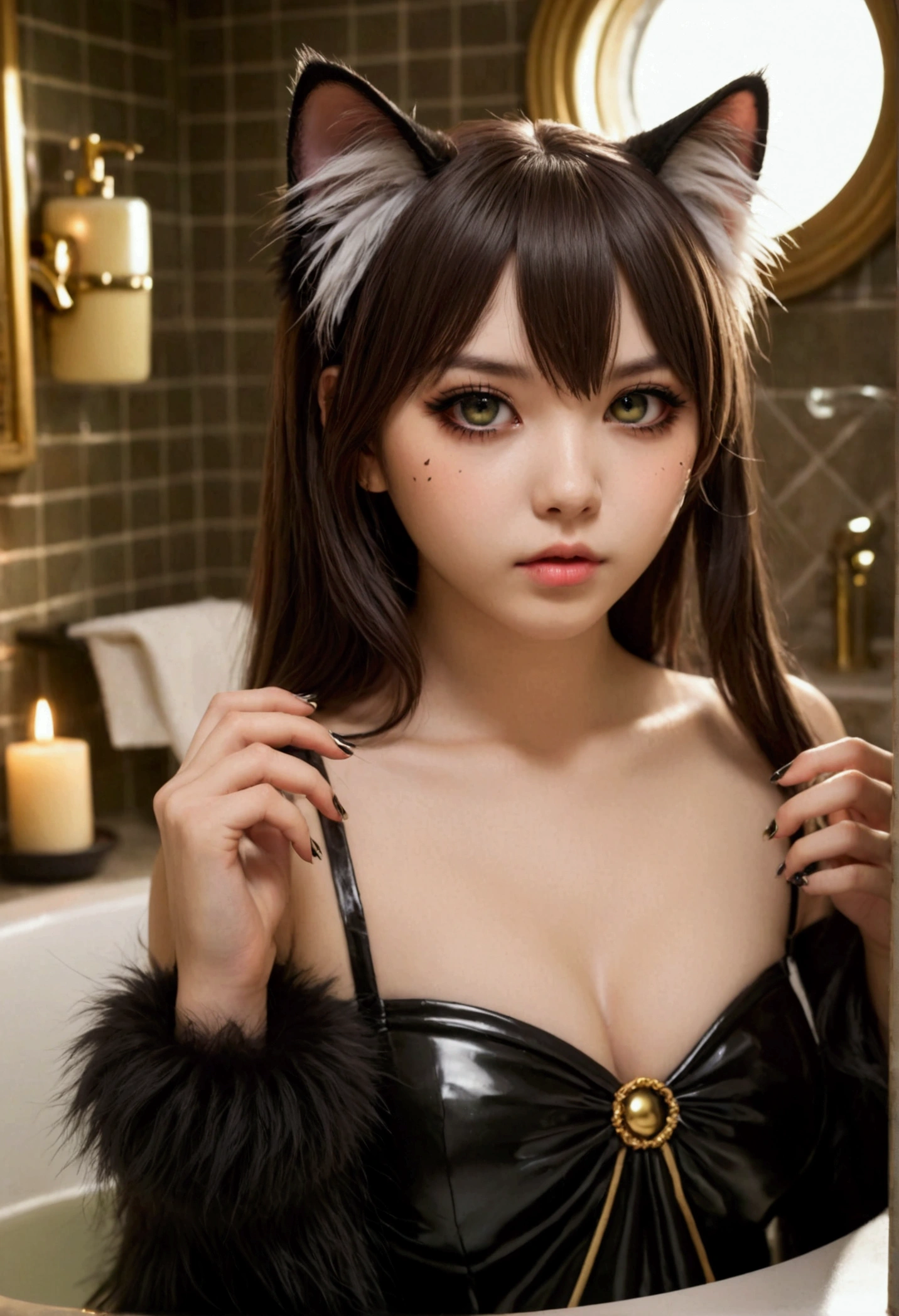 A cute girl Xiaorou SeeU, 20 years old, in an adorable sexy cat girl cosplay, acting surly and intimidating, she does not want to take a bath, bathroom with bubble bath in tub, beautiful detailed eyes, beautiful detailed lips, extremely detailed eyes and face, long eyelashes, photo-realistic, 8k, highly detailed, masterpiece, digital art, dark colors, moody lighting, dramatic shadows, intense expression, furrowed brow, pouty lips, cat-like features, fluffy cat ears, long tail, sharp claws, rebellious attitude, bathroom interior, tiled floor, bubble bath, ornate mirror, gold fixtures
