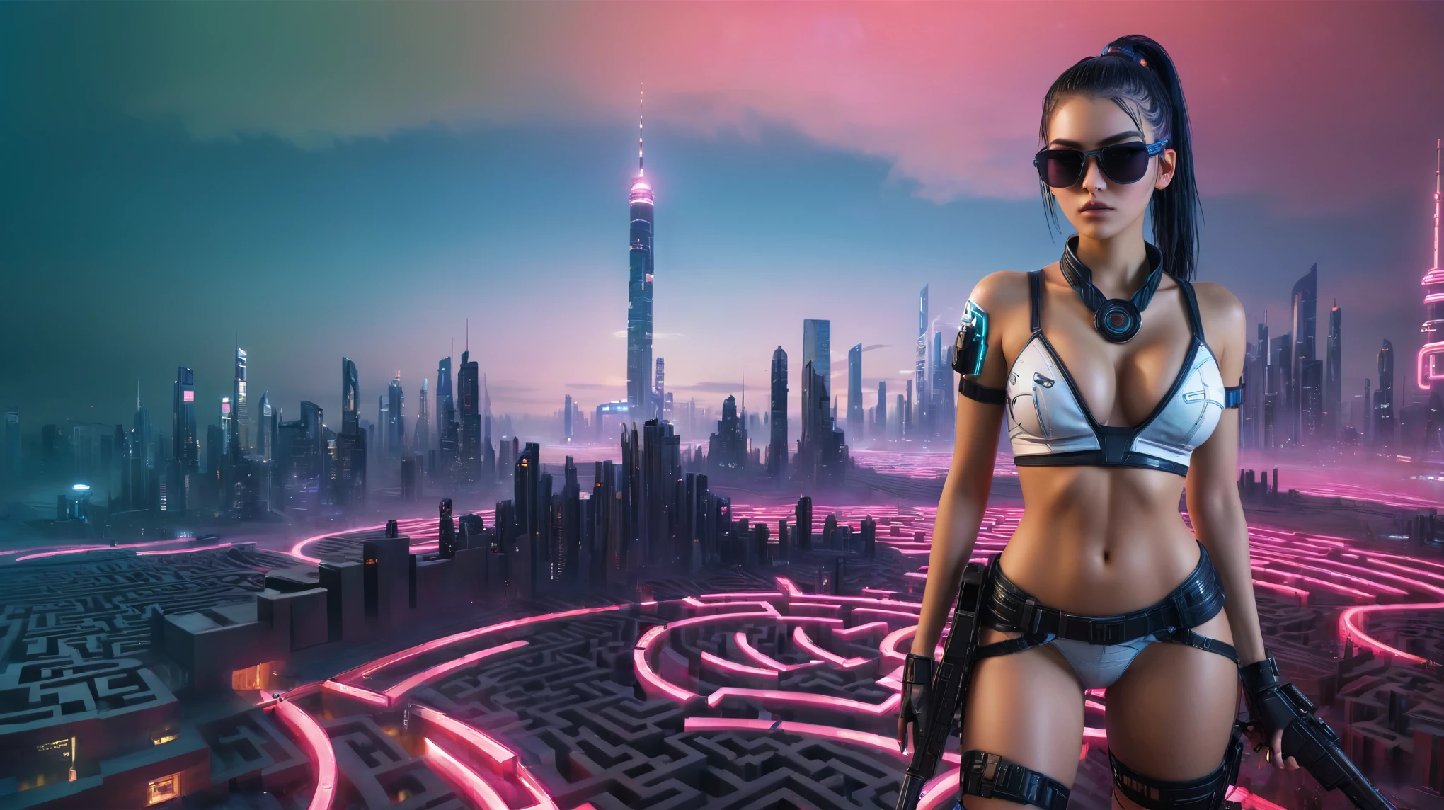 masterpiece, best quality, high resolution, 8k, (Portrait Photos:1.5), (R Original Photo), real picture, (A fusion of cyberpunk and fantasy), 20 year old slim girl, solo, (black sunglasses), large-breasts:1.2, cleavage:1.2, cyberpunk fantasy style clothing, Hollow carving design, ((holding a pistol)), oc render reflection texture, sentry, (aerial view of Cyberpunk style future city, giant (((maze))) shaped street), night, streets, half-body thigh level medium shot.