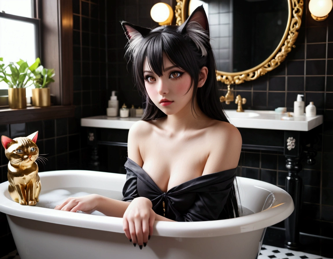 A cute girl Xiaorou SeeU, 20 years old, in an adorable sexy cat girl cosplay, acting surly and intimidating, she does not want to take a bath, bathroom with bubble bath in tub, beautiful detailed eyes, beautiful detailed lips, extremely detailed eyes and face, long eyelashes, photo-realistic, 8k, highly detailed, masterpiece, digital art, dark colors, moody lighting, dramatic shadows, intense expression, furrowed brow, pouty lips, cat-like features, fluffy cat ears, long tail, sharp claws, rebellious attitude, bathroom interior, tiled floor, bubble bath, ornate mirror, gold fixtures