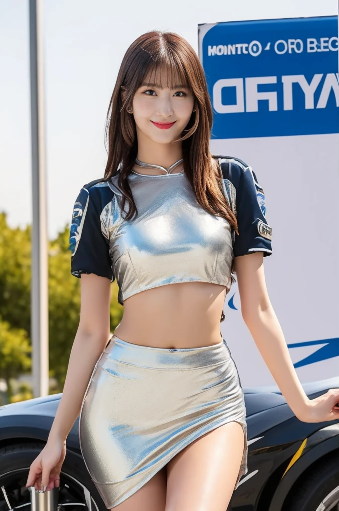 Ultra-high resolution, 1 Girl, 24 years old, (Idols:1.4), (Famous actresses :1.4), (Beautiful detailed face:1), Bangs, (Multicolor floating hair), Skin Dentition, Light makeup, (Beautiful medium breasts:1.3), (Sparkling Skin:1.1), Shiny skin, Long limbs, Slim, medium Breasts:1.3, Narrow waist, Medium Hips, Thin legs, thick thighs, Dynamic Lighting, Sexually suggestive faces, Glossy texture, Lipstick, V-shaped eyebrows, V Line Jaw, Looking at the Viewer, (Long Hair:1.3), (Perfect Face:1.4), Flowing hair, audience, (A shy smile:1.3), blue sky, (((Monte Carlo Street Circuit))), (((Racing Car))), (((Racing Bike))), ((Promotion Girl:1.3)), ((Grid Girls:1)), Pink Lips, Light makeup, (Detailed promotional costumes are intricately worn:1.10), full body, Lace-up boots, Short sleeves, Cropped tops, ((Short jacket:1)), (Tube Top Bra:1), short skirt, miniskirt, thick legs, Knee-high, (((Nylon short-sleeve jacket with many logos))), (Logo glitter long nylon pleated skirt), Small Ass, ((Promotional wear with logo:1.3)), (((Shiny silver and metallic blue glitter promotional wear))), Fingerless gloves, Black Hair, Brown hair, Red Hair, Walking, audience, lovely smile