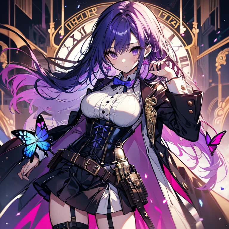 1 girl、Mature、Ample breasts、Long Hair、hair、Center Part、Purple Hair、steampunk outfit、Miniskirt、Holding a gun、Arm yourself、corset、Blue Butterfly、dusk、Steampunk city、High resolution、Highest quality