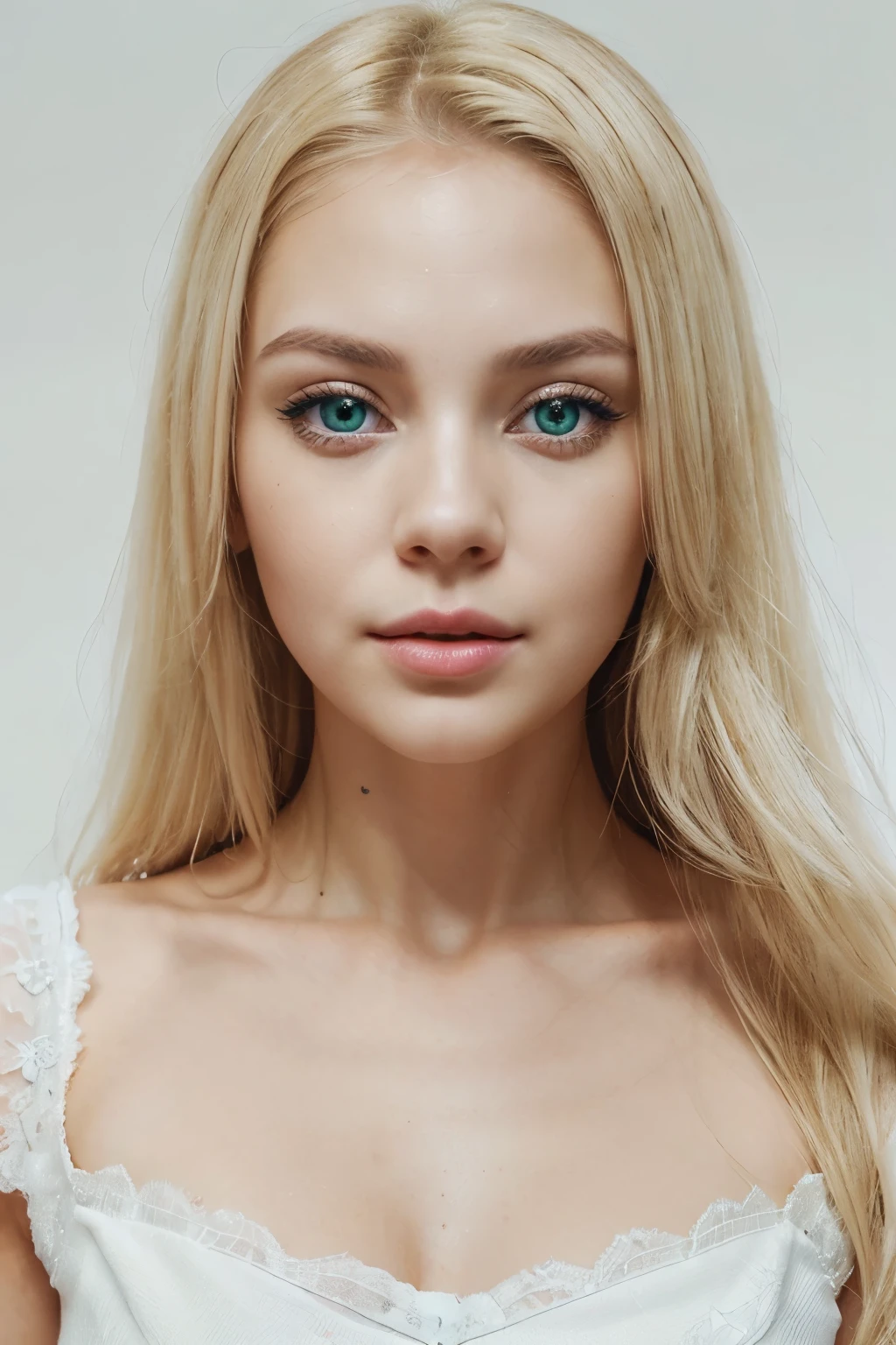 (((Generate me the face of the most beautiful and unique woman in the world))), very realistic, Ukrainian, blonde hair, white skin, green eyes, full lips, white illumination to her face, no shadows on her face.